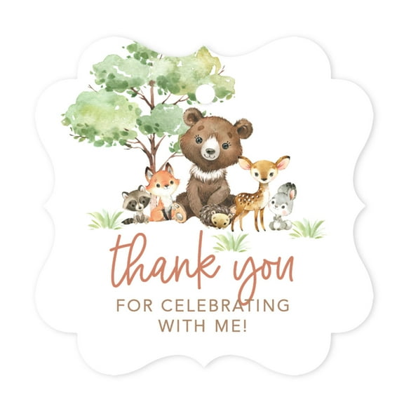 Koyal Wholesale Fancy Frame Kids Party Favor Thank You Tags with String, Woodland Animals Birthday Gift Tags