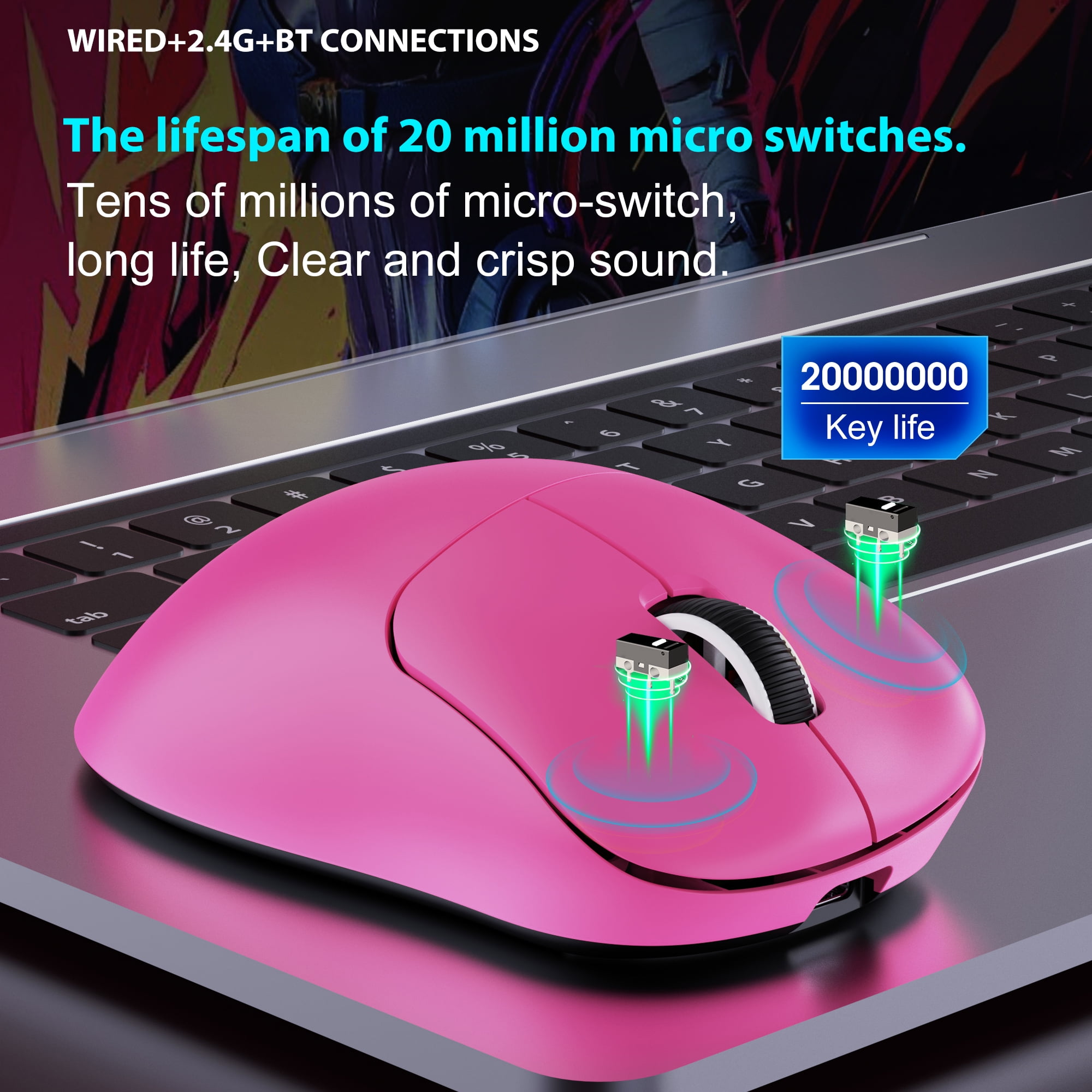 Wireless Gaming Mouse with 57g Lightweight Design,10000DPI,3 Mode USB-C/2.4G/Dual Bluetooth 5.3,Portable Rechargeable Mouse for PC/Mac/Laptop Gamer/Pink