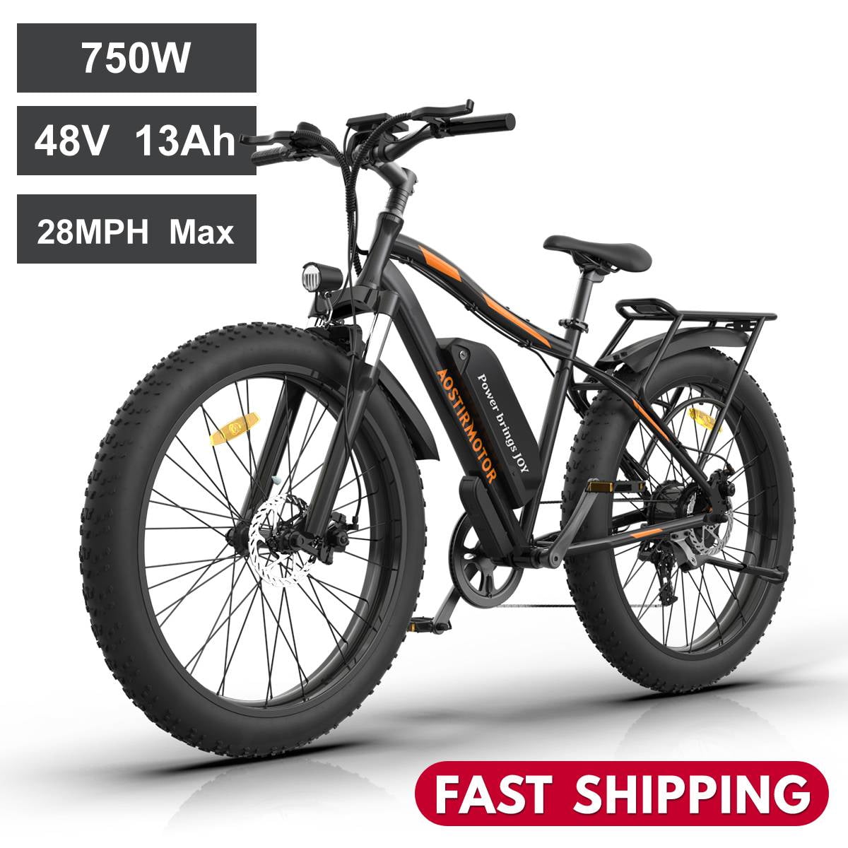 AOSTIRMOTOR Electric Bike Ebike with 750W Motor 48V 13AH Removable Lithium Battery with Rack and Fender 26x4.0 Inch Fat Tire Ebikes for Adults Walmart