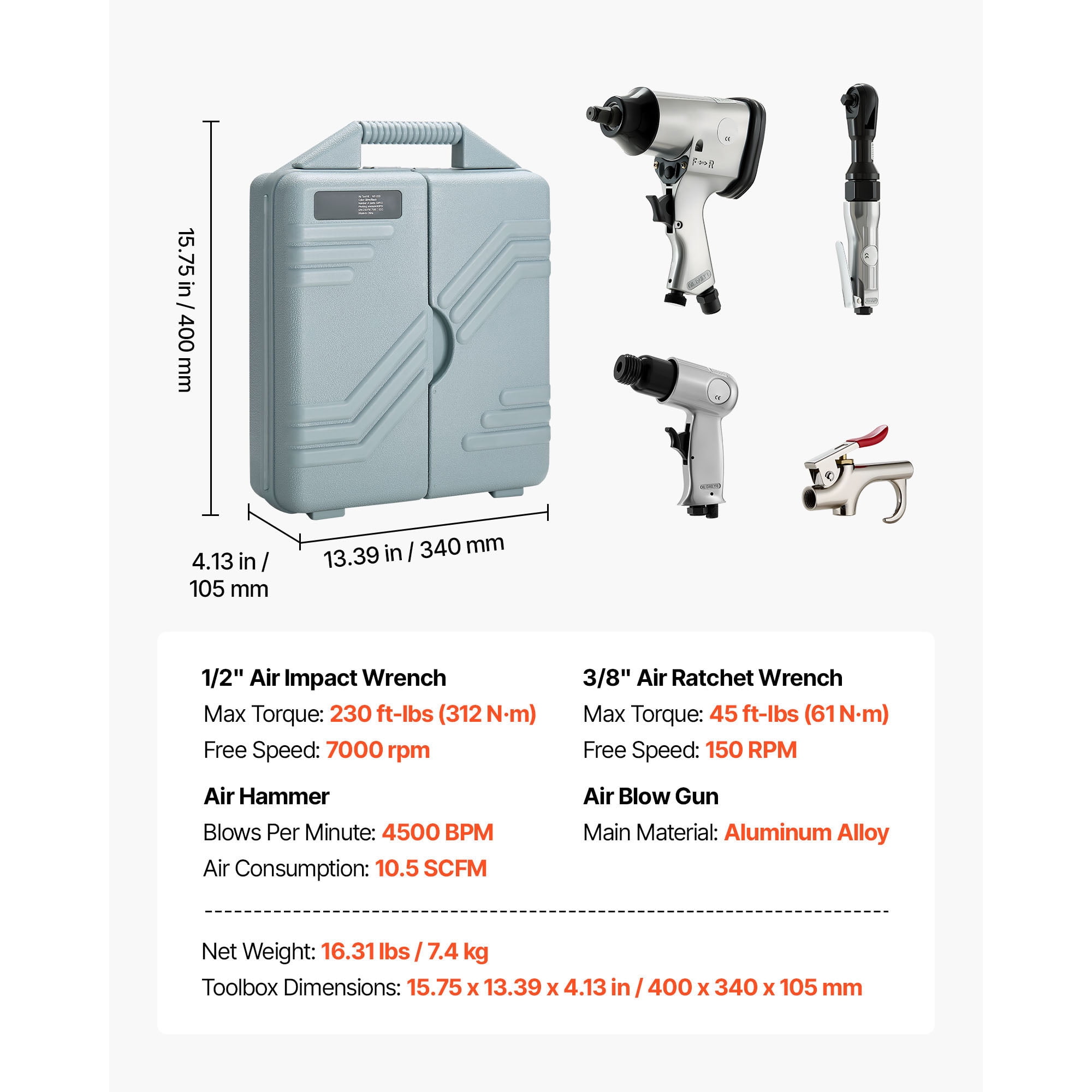 KFFKFF 50-Piece Professional Air Tool and Accessory Set - Includes 1/2" Impact Wrench, 3/8" Ratchet Wrench, 4500 BPM Hammer, Blow Gun, and Comprehensive Accessories for Automotive Repairs and DIY