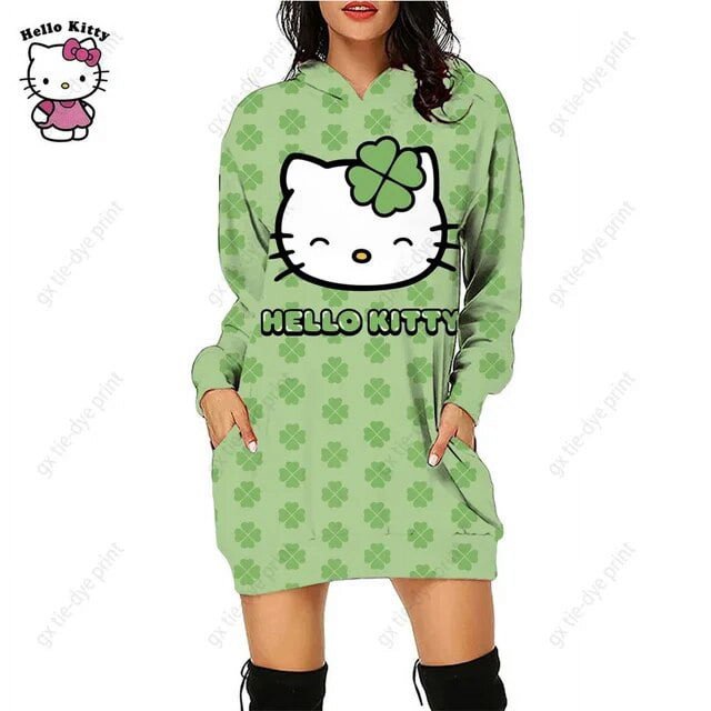 Nouveau Chandail à Capuchon Léopard Hello Kitty Femme Simple Col Rond Polyvalent Chandail Long Bureau Décontracté Ample Chandails à Capuchon Robe d'Automne