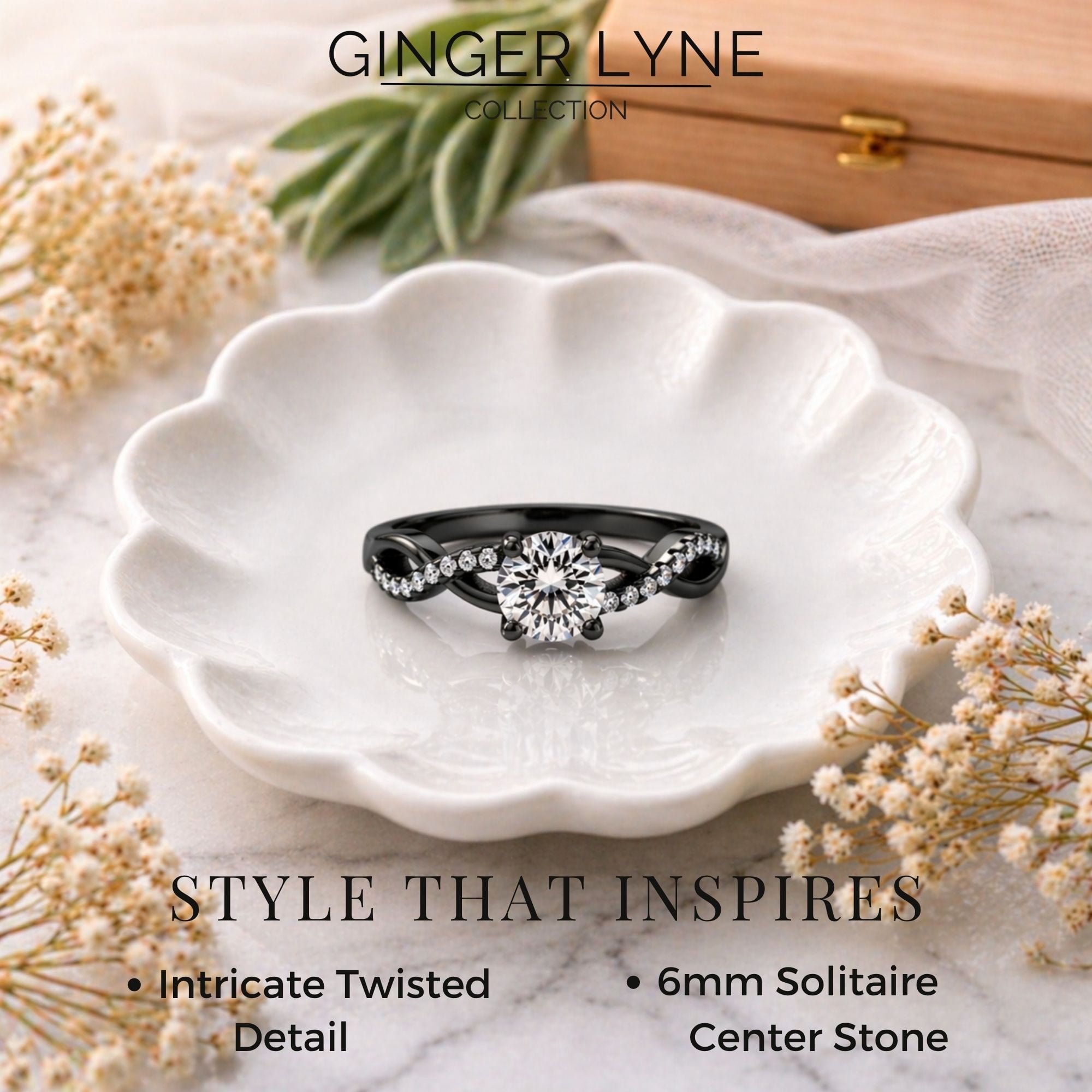 Queena Solitiare Black Engagement Ring for Women Sterling Silver CZ Ginger Lyne Collection