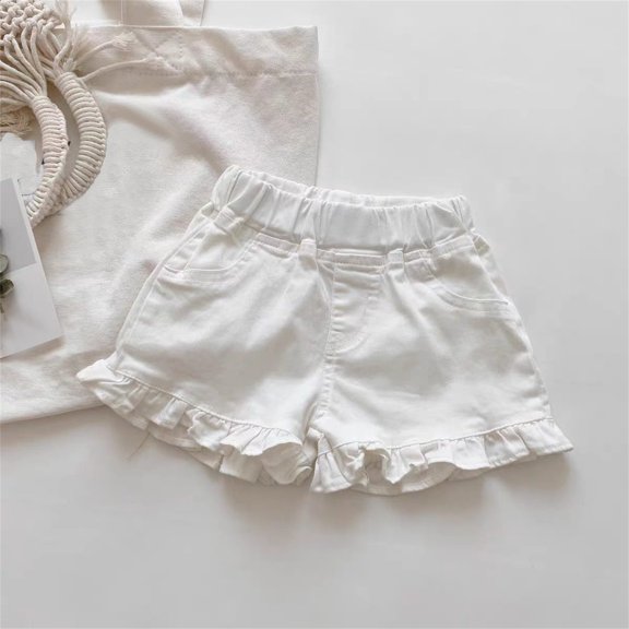 Girls Denim Shorts Summer Soft Ruffle Casual Hot Pants For Toddler Kids FashionableWhite150/17码