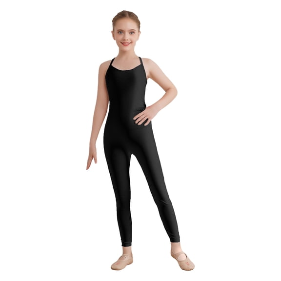 TiaoBug Kids Girls Gymnastics Full Jumpsuit Sleeveless Cross Back Dance Unitard for Yoga Workout Tank Leotard Black 16