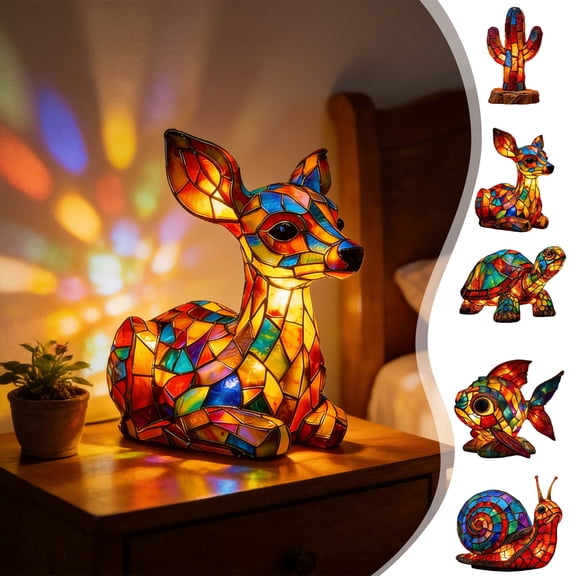 AZXY Stained Glass Style Cactus Resin Night Light, Art Statue Table Lamp, Multicolor LED Ambient Light for Home Decor, Bedroom, Birthday Gift