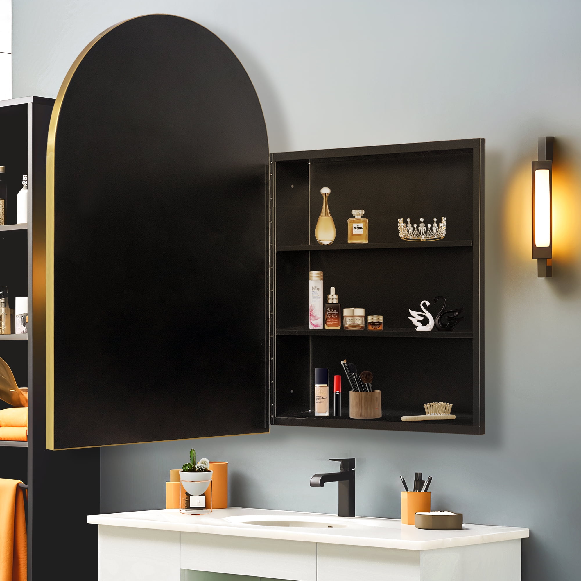 36"x24" Arched Recessed/Surface Mount Medicine Cabinet with Mirror,Gold