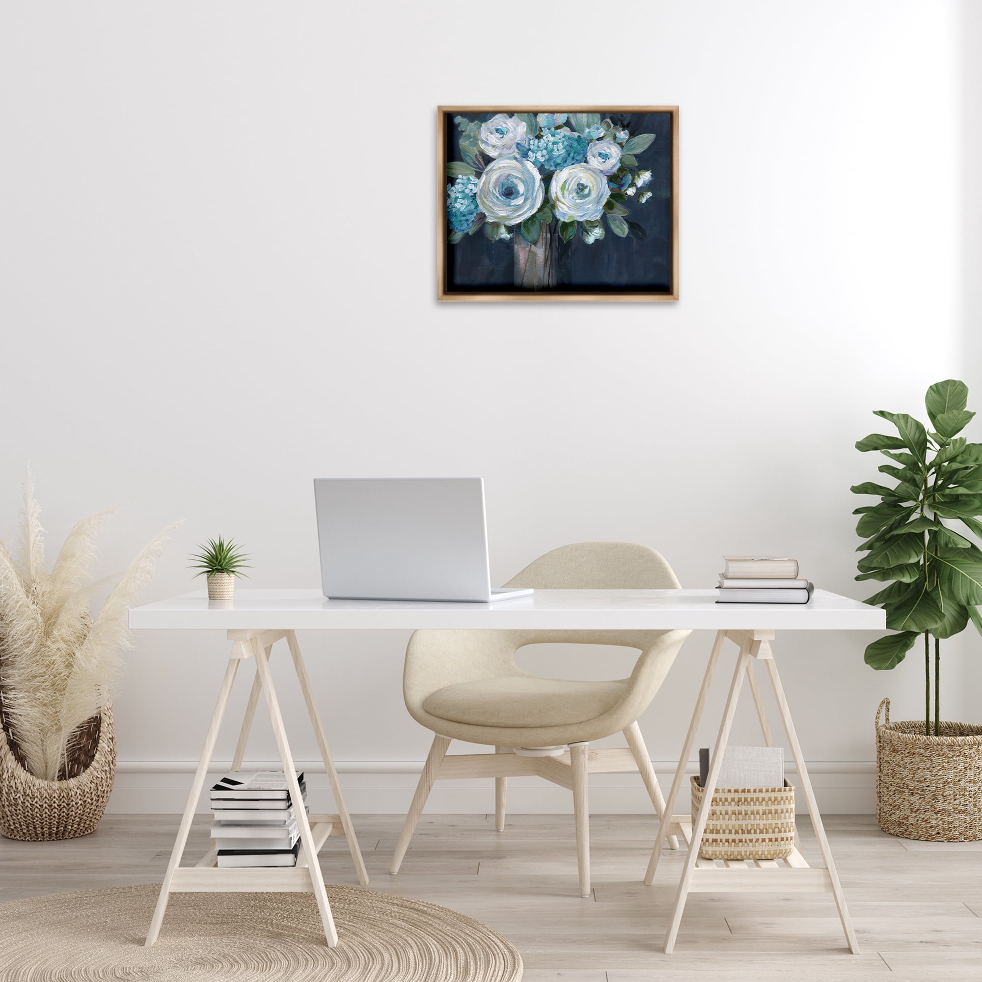 Stupell Industries Blue Mixed Bouquet Plants & Flowers Painting Brown Floater Framed Canvas Art Print Wall Art, 21 x 17