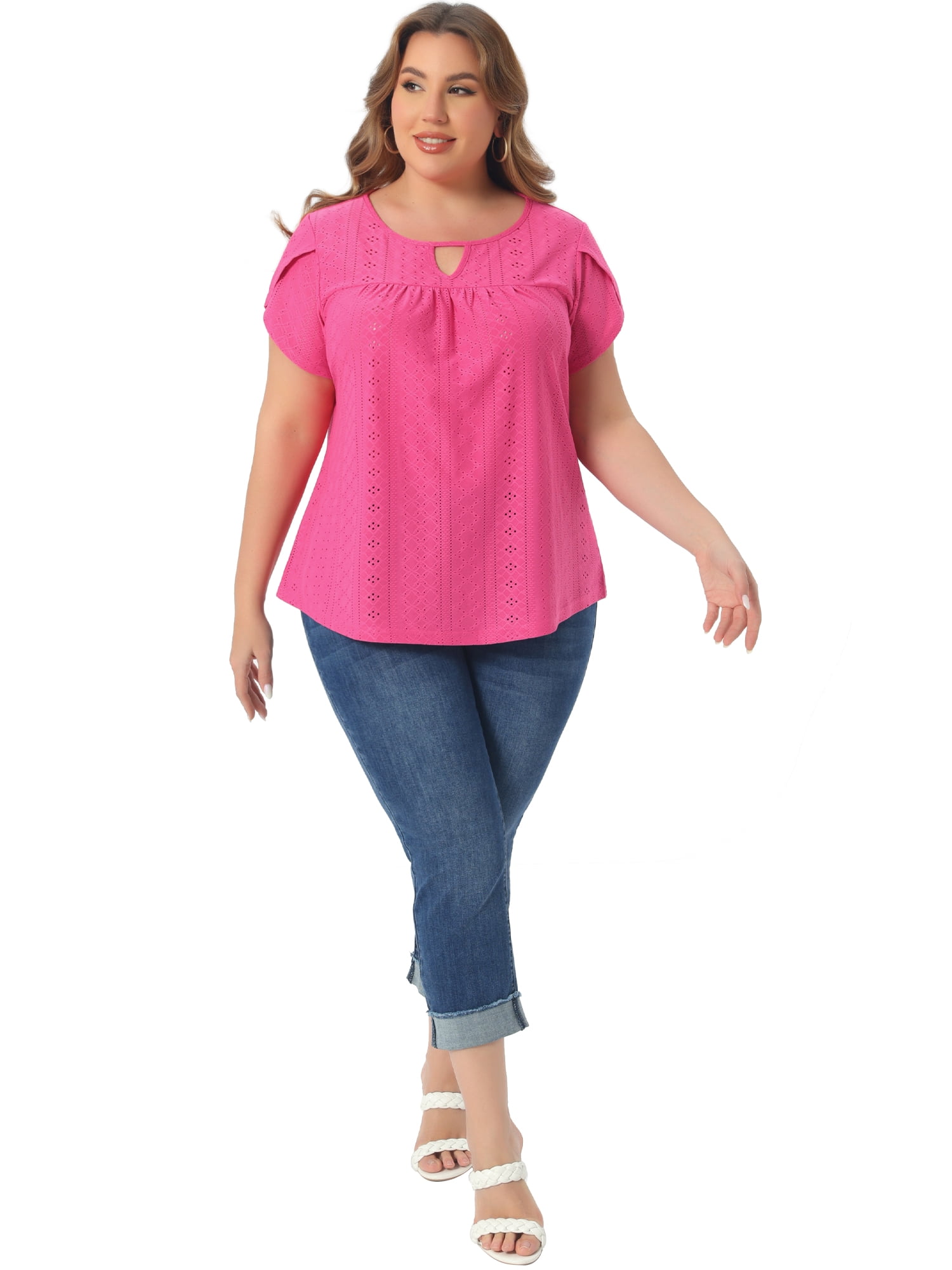 Women's Plus Petal Sleeve Keyhole Neck Loose Fit Casual Top for Women 3X Hot Pink