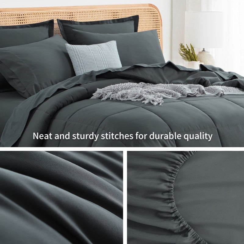 RUIKASI 5 Pieces Comforter Set with Sheets - Bed in a Bag with Comforter and All Season Sheets, Pillowcases,Dark Gray,Twin