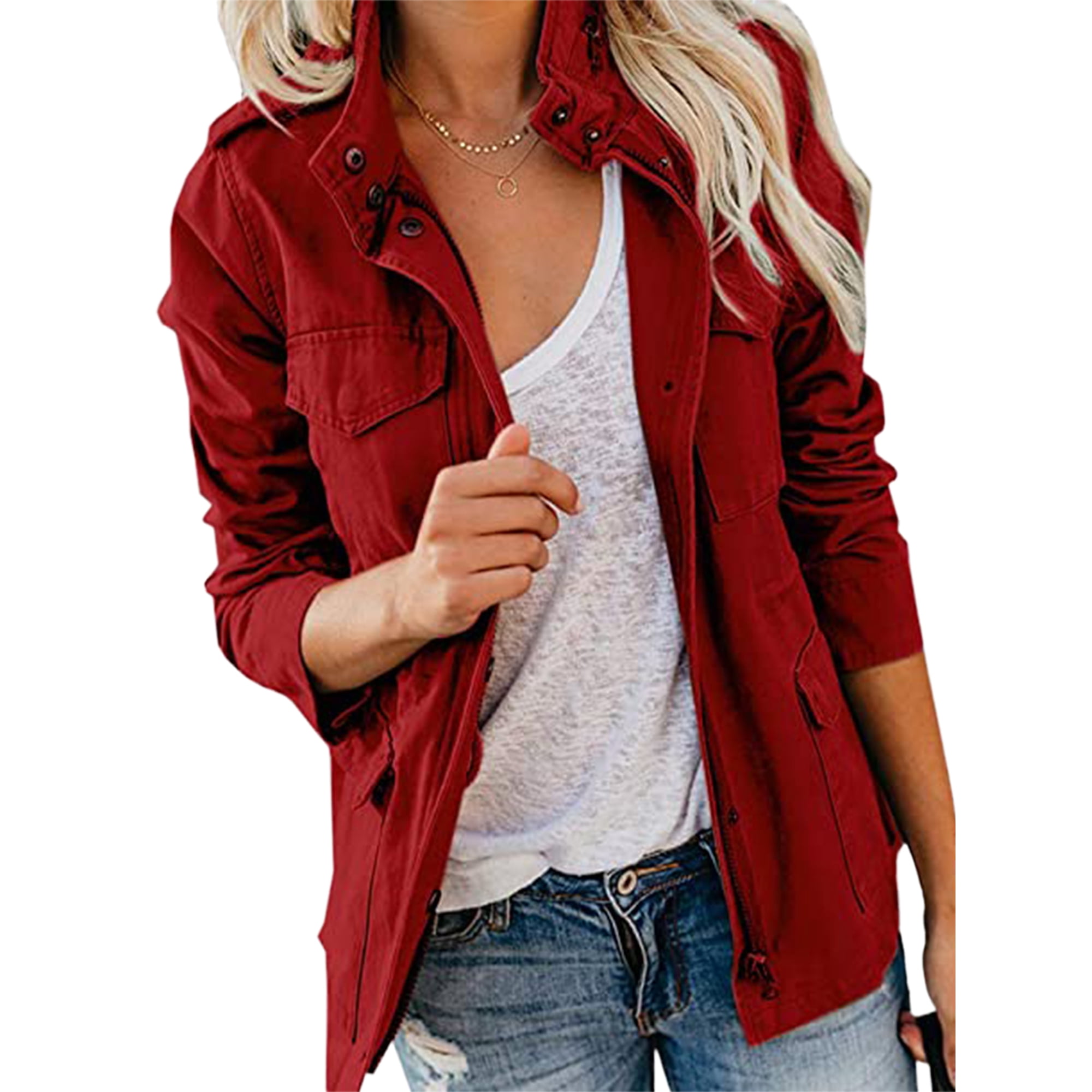 Avamo Women Outwear Long Sleeve Military Jacket Solid Color Coat Streetwear Utility Jackets Outdoor Wine Red S Other