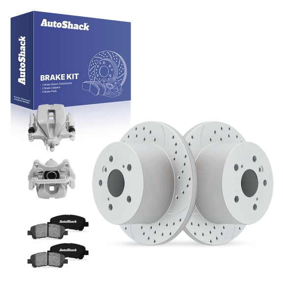 AutoShack Rear Brake Rotors, Ceramic Pads & Calipers for Toyota, Highlander 2008-2013 - Coated Drilled & Slotted - Silver Matte Finish - TurboGuard - 12.16" (308.9 mm), 5-Lug