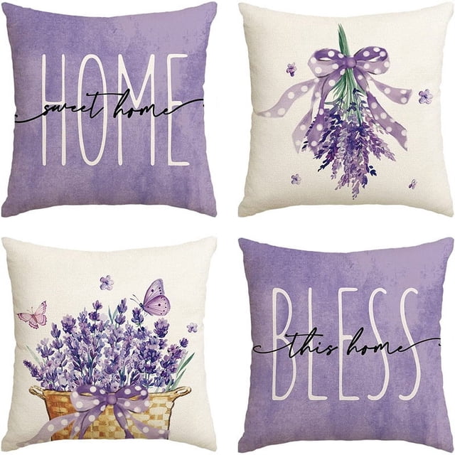 Juego de fundas de almohada de lino con estampado floral de lavanda, 45 x 45 cm, 4 piezas
