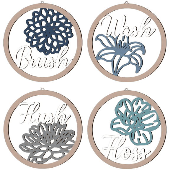 Wooden Farmhouse Wall Decor, 7.9 in / 20 cm Round Rustic Wood Plaque, Blooming Floral Wall Art Decor with Hollow-Carved Pattern, Hanging Funny Wooden Sign