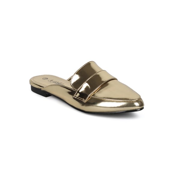 New Women Indulge Nomi-I Mirror Metallic Pointy Toe Slip On Flat Loafer Mule
