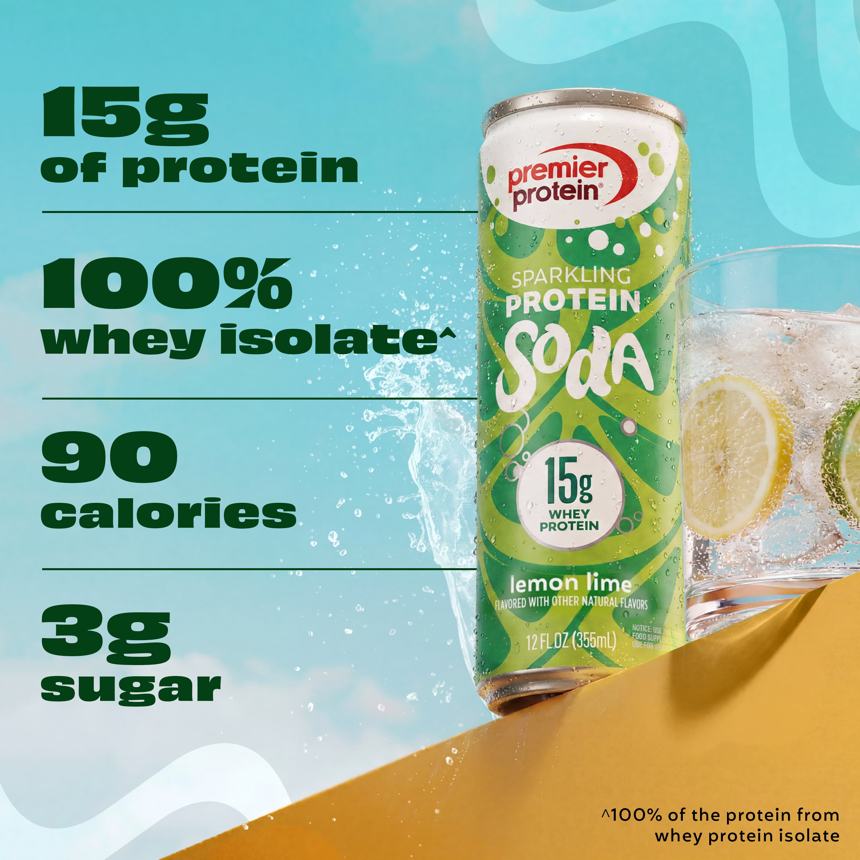 Premier Protein, Sparkling Protein Soda, 15g Protein, Lemon Lime, 12 Fl Oz, 4 Ct