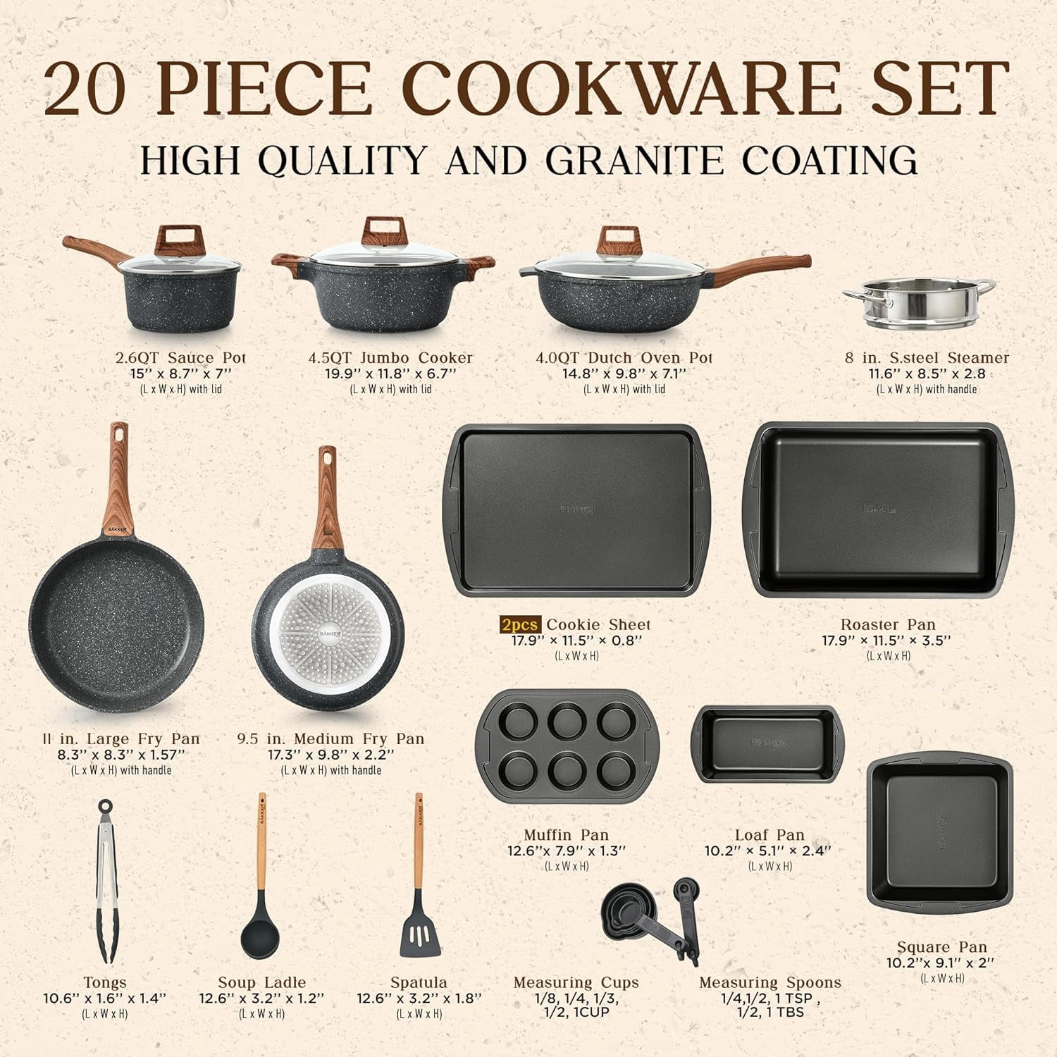 Bakken Swiss 20 Piece Nonstick Granite Cookware & Kitchen Set, Black