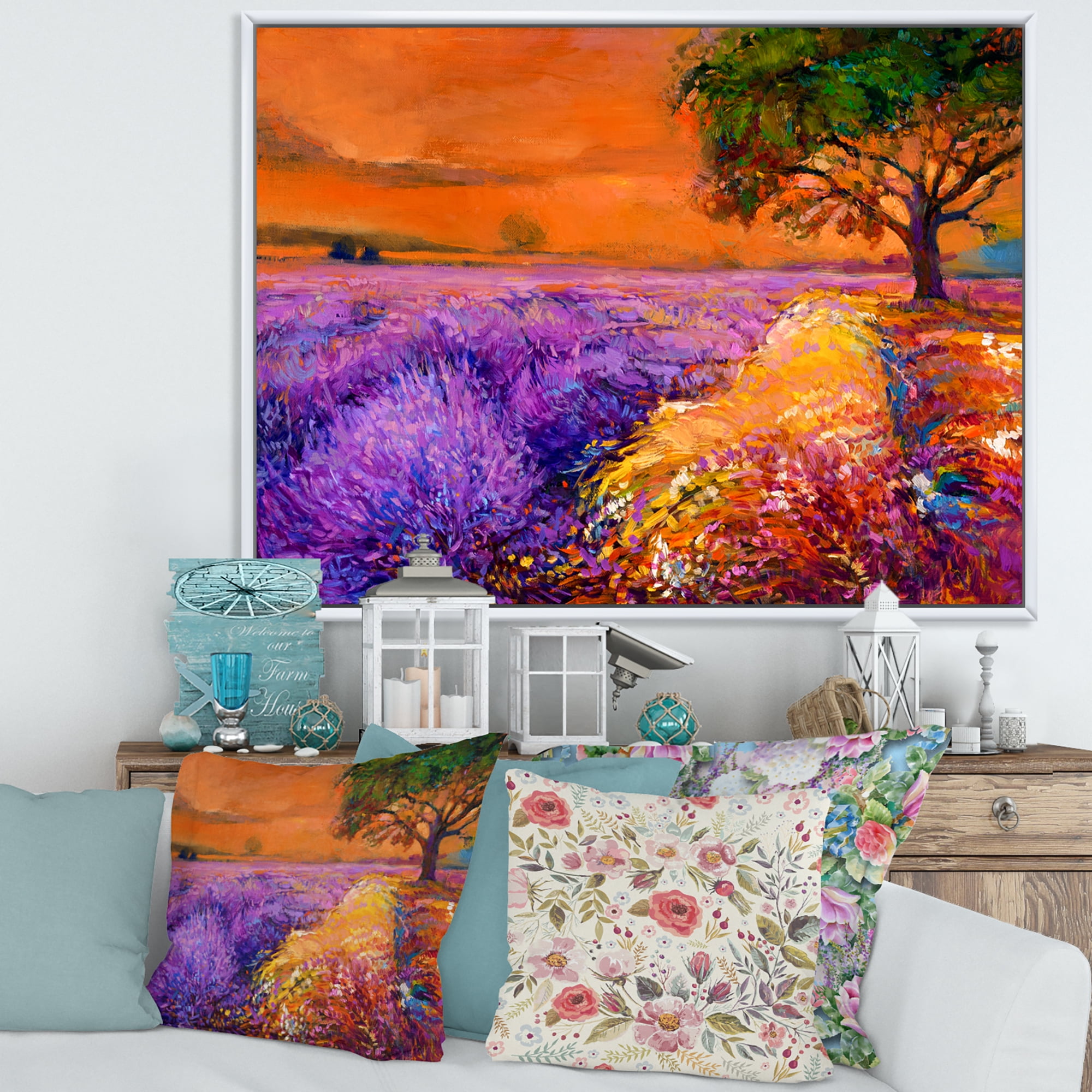 An Orange Sunset Over Purple Lavender Fields II 20 in x 12 in Framed Painting Canvas Art Print, by Designart