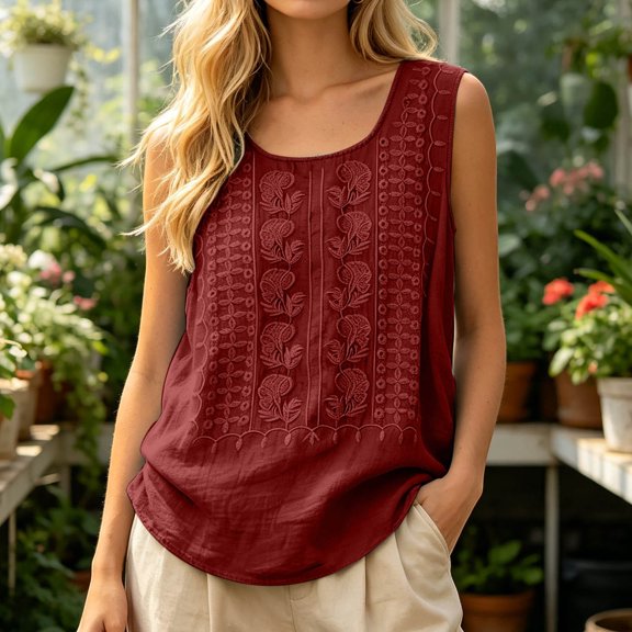 Cotton Linen Tank Tops for Women Loose Fit Scoop Neck Sleeveless Mexican Floral Embroidered Shirts Summer Beach Tops Red XL