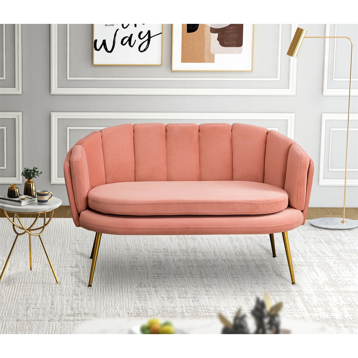 Velvet Loveseat Sofa, Upholstered Accent Sofa with Flower Shaped Back, Modern 2Seater Sofa with