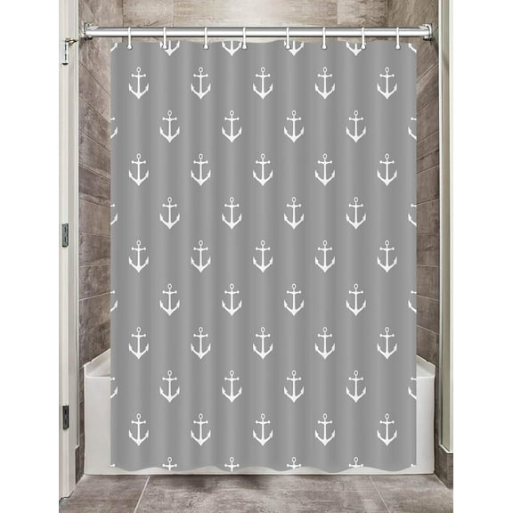 Nautical Anchor Camper RV Shower Curtain for Travel Trailer Bathroom, Grey Kids Camping Small Narrow Shorter Fabric Shower Curtains Set, Happy Camp Outdoor Decor Accessories with Hooks 47X64
