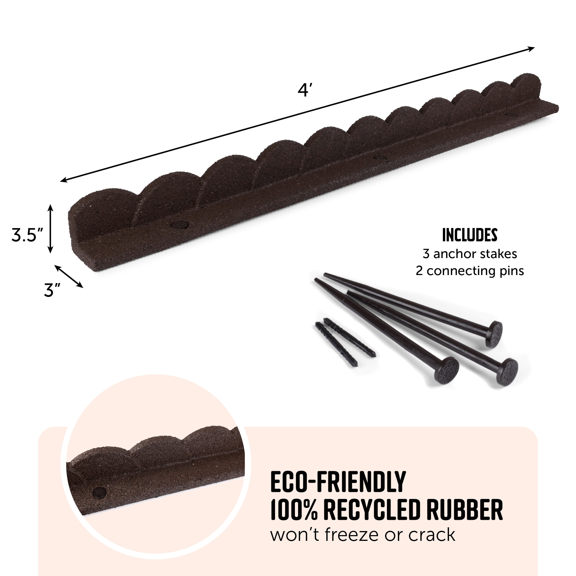 GroundSmart Sea Scallop Landscape Edging, 4' Brown Rubber Garden Edging Border, 48 pack
