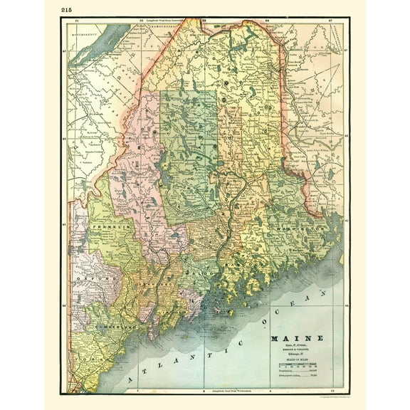 Historic State Map - Maine - Johnson 1888 - 23 x 29.30 - Vintage Wall Art