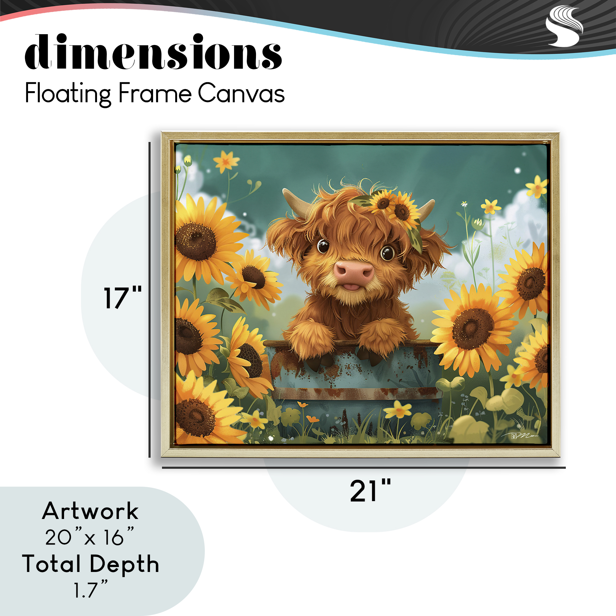 Cute Happy Highland Cow Gold Framed Floater Canvas Wall Art, design by Momart