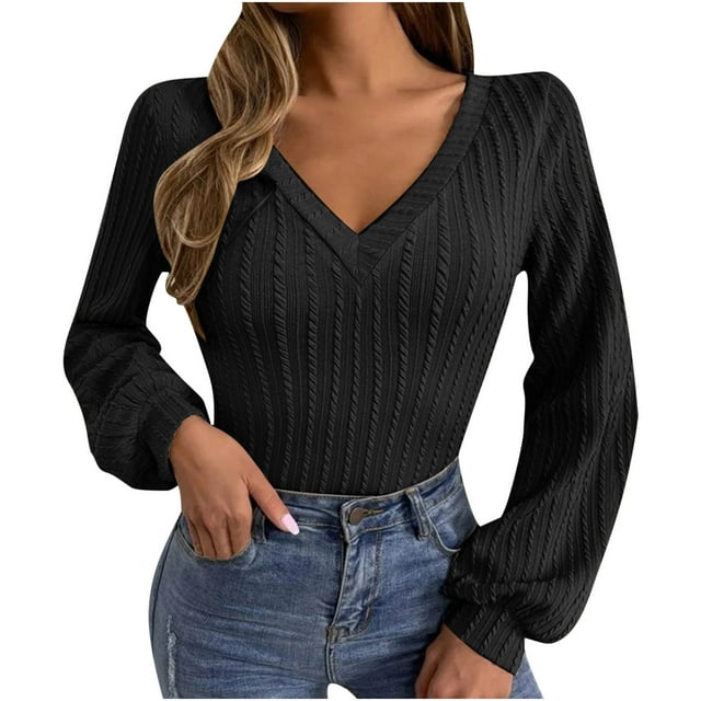 AherBiu Long Sleeve Shirts for Women V Neck Ribbed Spring Fall Casual Tops Blouse Pullover