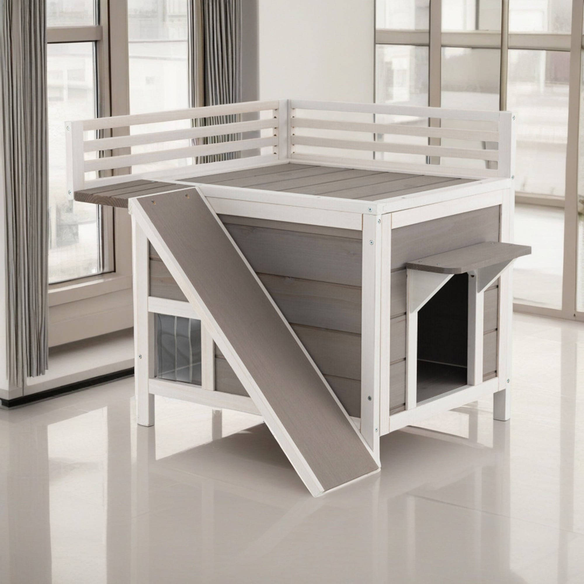 resenkos 27" Outdoor Cat House, Wood Cat Condo for Small Cats, Weatherproof Cat Shelter with Escape Door, Gray