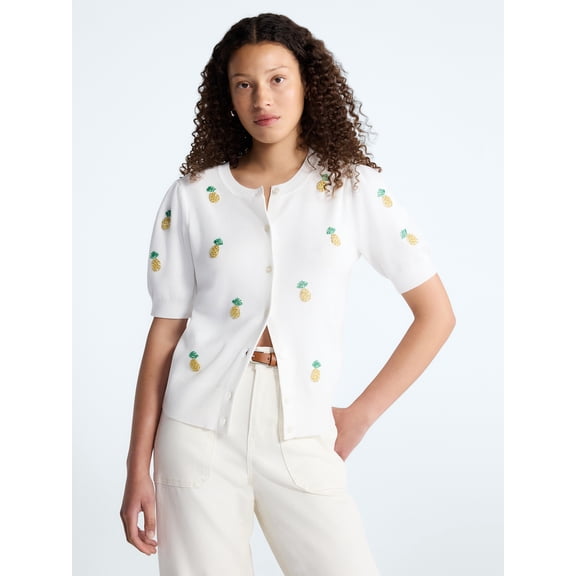 Free Assembly Women's and Women's Plus Beaded Cardigan Sweater with Short Puff Sleeves, Lightweight, Sizes XS-4X