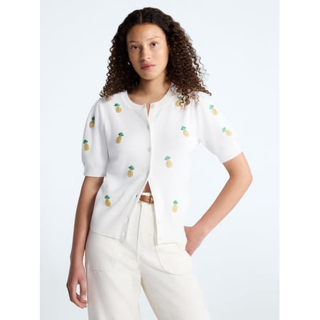 Free Assembly Women's and Women's Plus Beaded Cardigan Sweater with Short Puff Sleeves, Lightweight, Sizes XS-4X
