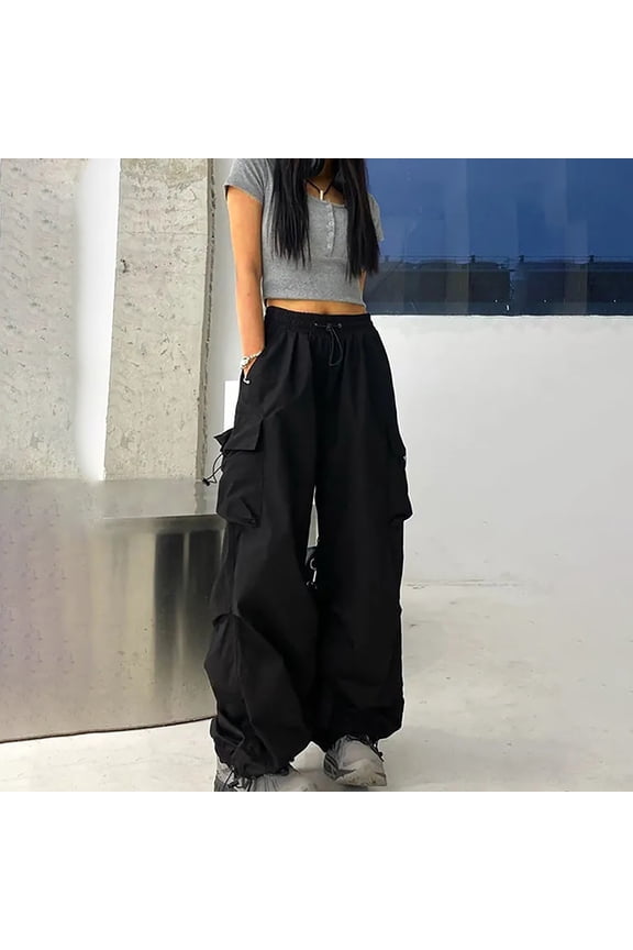 Parachute Pants for Women Baggy Fit Cargo Pants Elastic Waisted Drawstring Wide Leg Trousers Plus Size Solid Streetwear Pants with Pockets