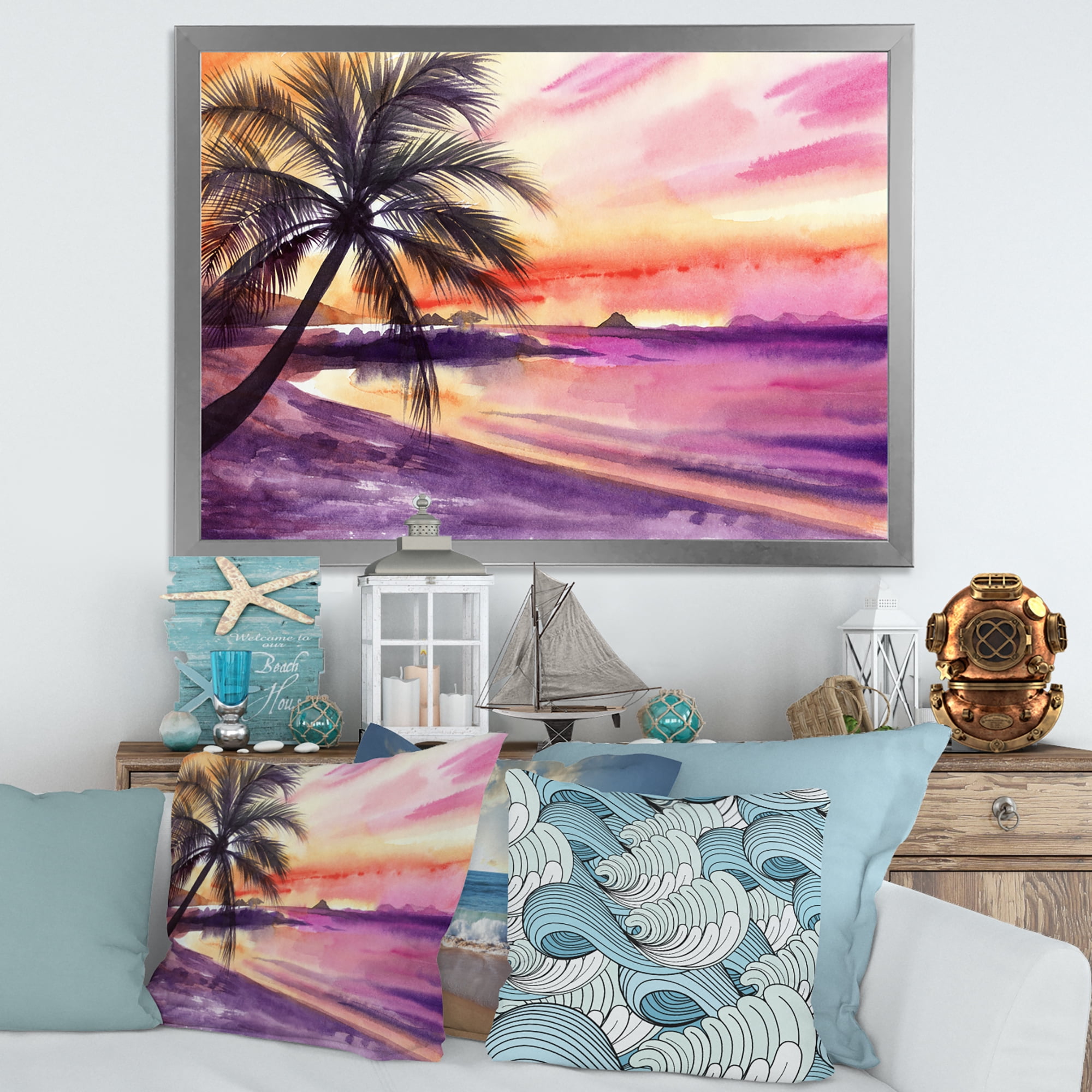 Designart 'Purple and Pink Palm Beach Sunset' Nautical & Coastal Framed Art Print