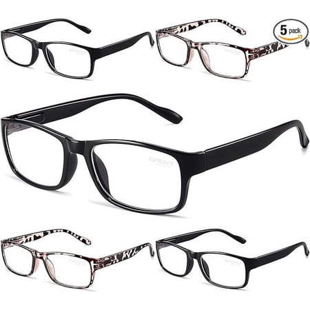 Gaoye 5-Pack Reading Glasses Blue Light Blocking,Spring Hinge Readers for Women Men Anti Glare Filter Lightweight Eyeglasses (3 Light Black + 2 Leopard, 2.0)