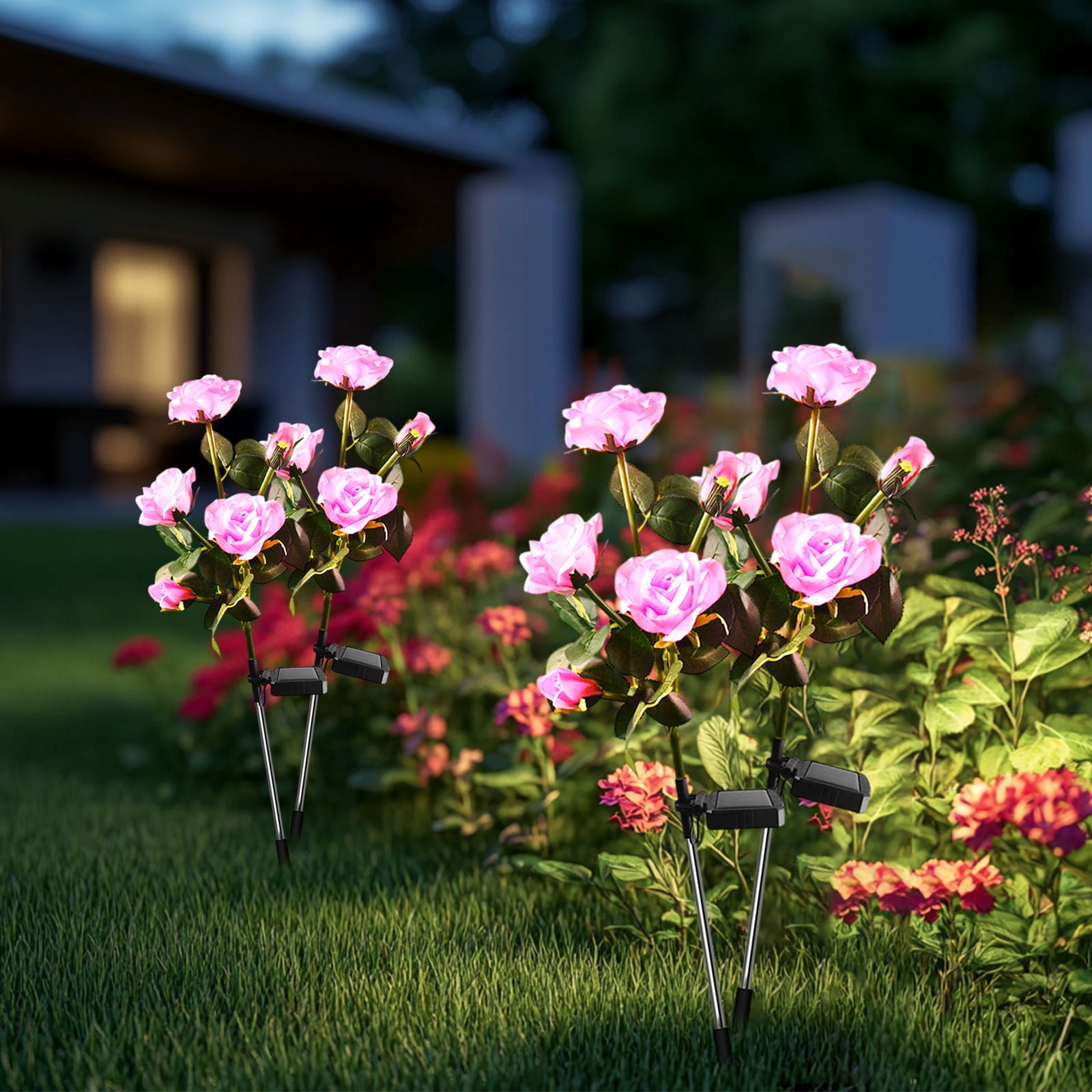 Solar Garden Lights Outdoor, 2 PackSolar Flower Lights Outdoor Waterproof with 16 Rose, 2 Modes Realistic Rose Flower for Yard, Pathway, Garden Decor & Gardening Gift