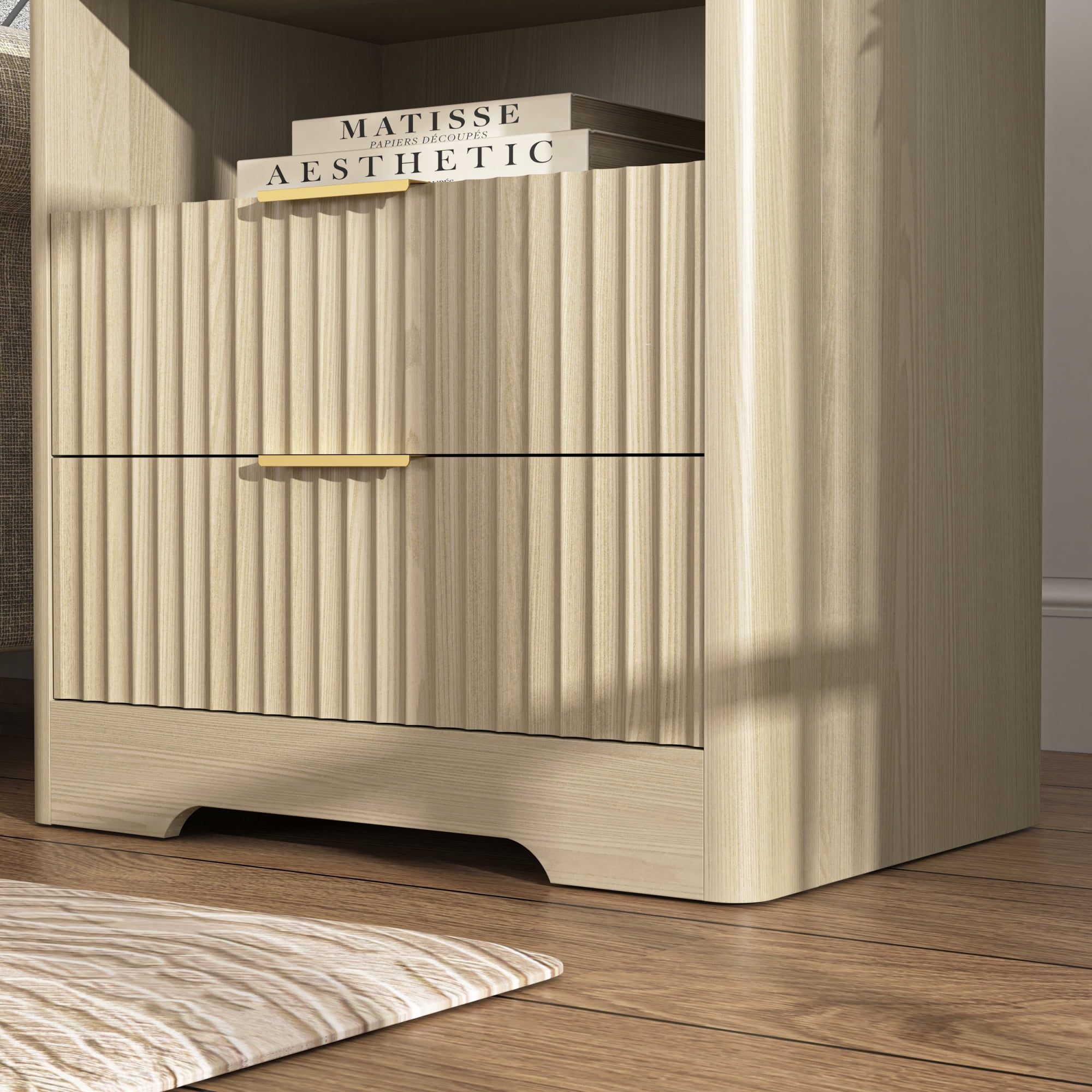 Nightstand with 2 Drawers,Smart Nightstand Bedside Tables with Night Light,Modern End Table for Bedroom,Living Room,Wood02