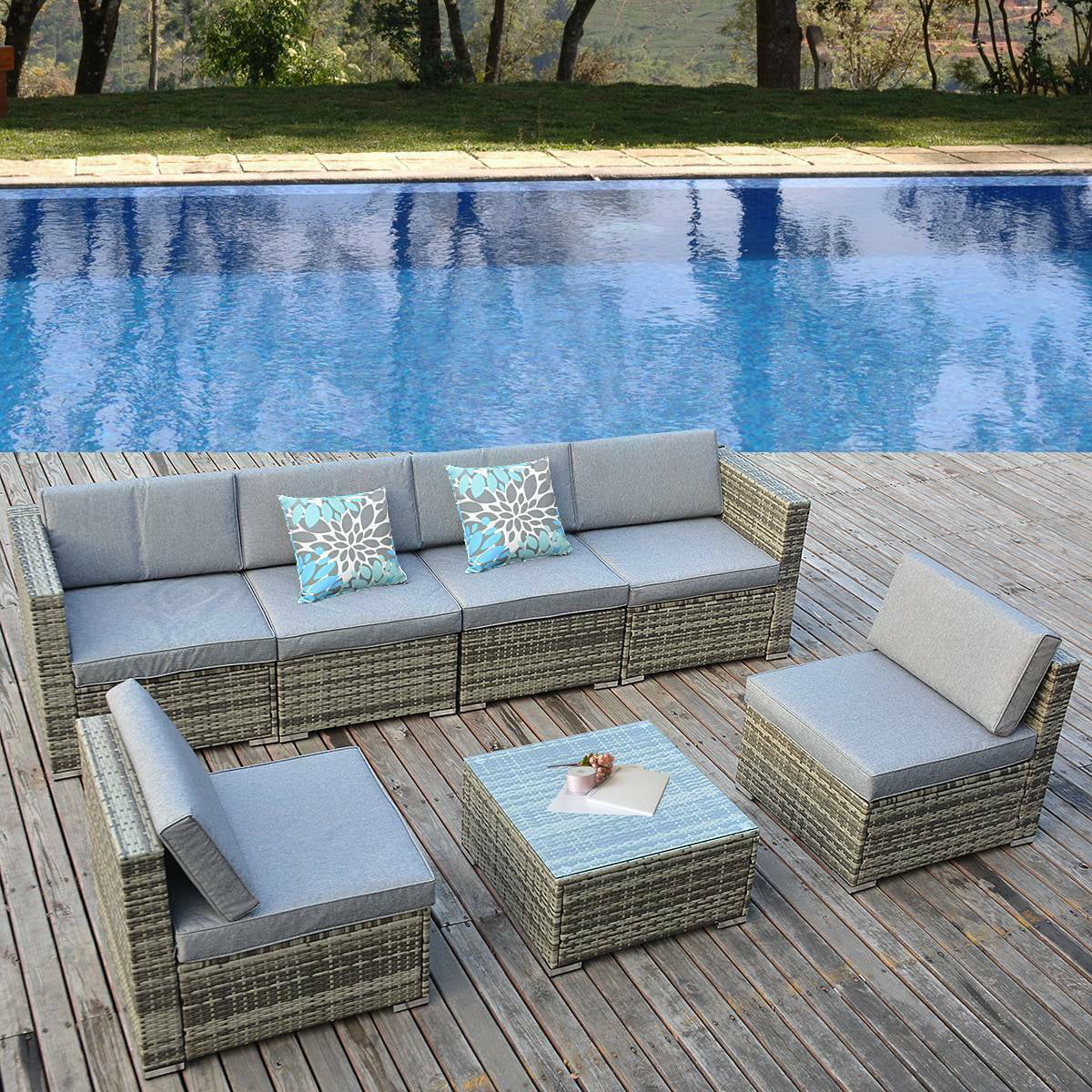7 Piece Outdoor Patio Sofa Rattan Wicker Chair Sectional Furniture Set W/ Coffee Table &amp;Cushion for Lawn, Backyard, and Poolside
