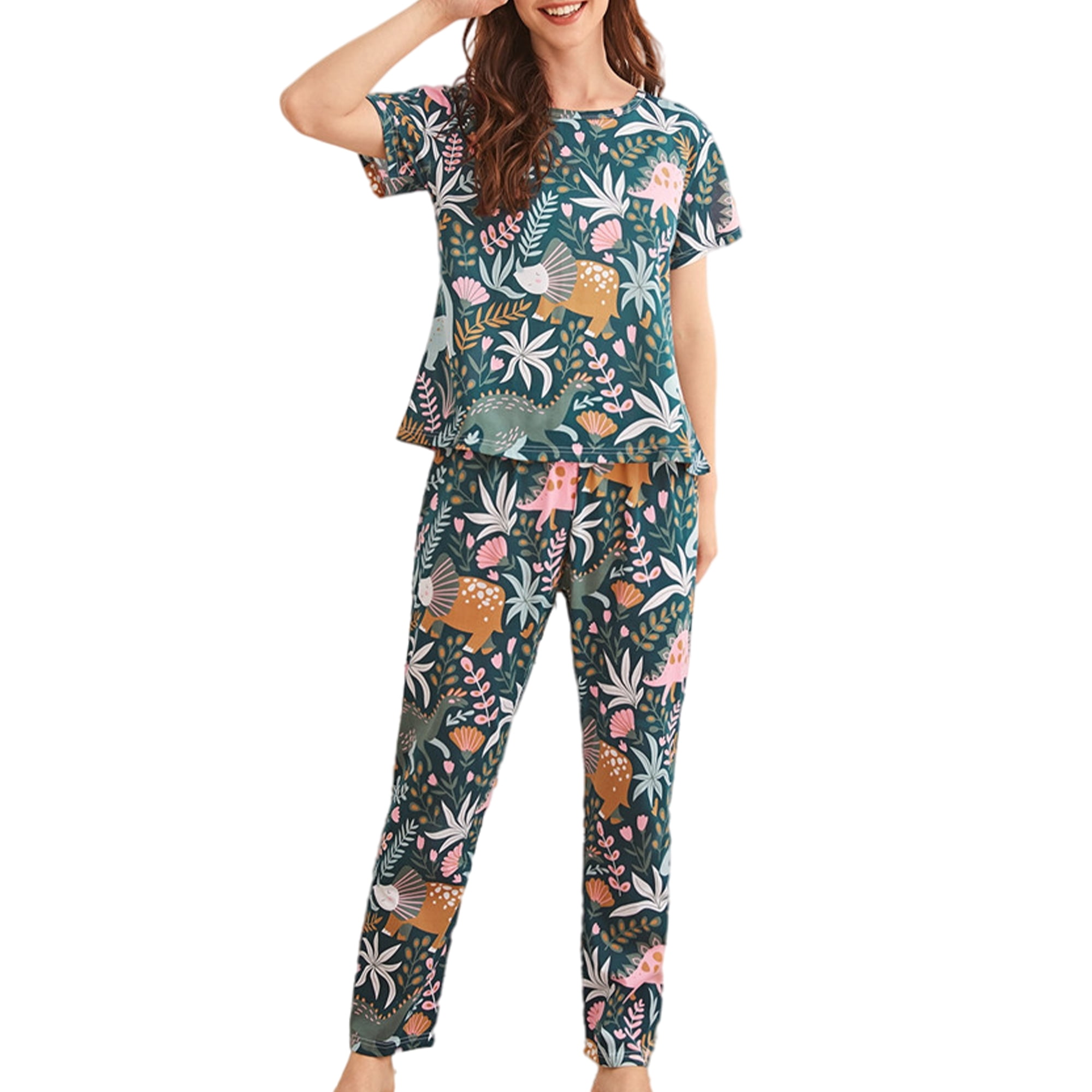 MAWCLOS Women Pajamas Set Color Block Sleepwear Plaid Printed Nightwear Comfy Daily Floral Print Loungewear Botanical Garden M