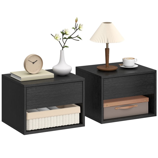 HOMCOM Floating Nightstand Set of 2 with Drawer and Shelf, Black
