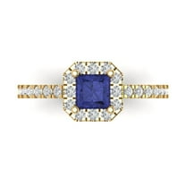 0.89 ct Princess Cut Simulated Tanzanite Halo Engagement Ring for Women in 18K Yellow Gold