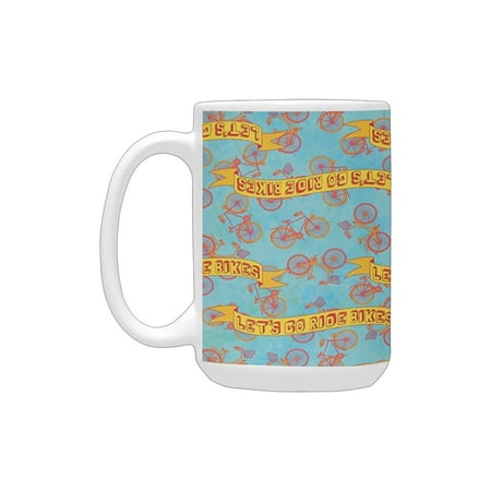 

Vintage Decor Abstract Art Style Pattern Illustration of Bikes Decorative Design Sky Blue and Mustar Ceramic Mug (15 OZ) (Made In USA)