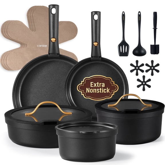 Open Box Carote 20 Pcs Nonstick Cookware Sets, Pots and Pans with Removable Handles, Oven Safe, Induction Ready, Classic Black