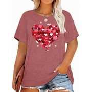 XCHQRTI Heart T Shirt for Women Plus Size Short Sleeve Shirt Grateful with Love Graphic Tee Oversized Valentine's Day Top