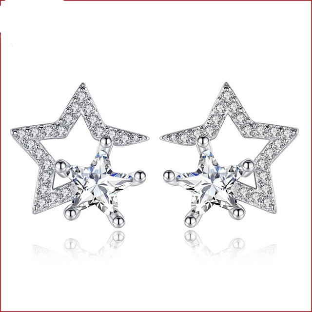 Aretes de Plata 925 para Mujer, Aretes Pequeños Abiertos con Estrellas Personalizados y a la Moda, Incrustados con Diamantes, Plata