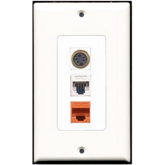 RiteAV - 1 Port S-Video 1 Cat5e Ethernet White 1 Cat5e Ethernet Orange Wall Plate Decorative
