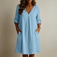 thumbnail image 5 of Odbmxy Fall Women Midi Dress Cotton Linen Long Sleeve Modest Tent V-Neck Tunic Holiday Shift Single Color Women Dresses, 5 of 6