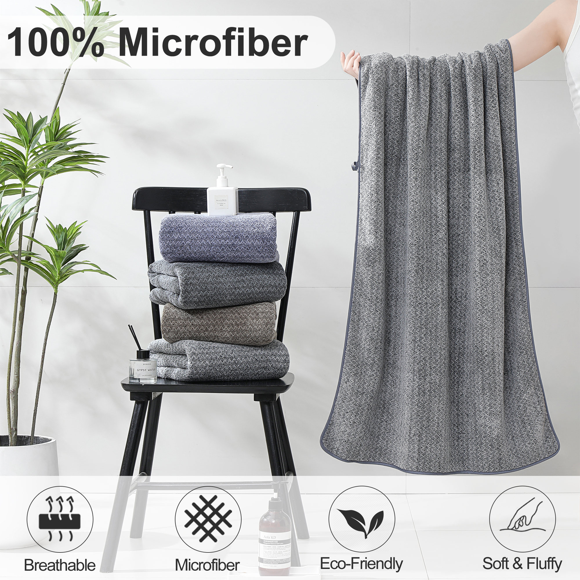 Smuge 6 Piece Dark Gray Bath Towel Set, 2 Bath Towels, 2 Hand Towels, 2 Washcloths, Soft Microfiber Shower Towel for Bathroom