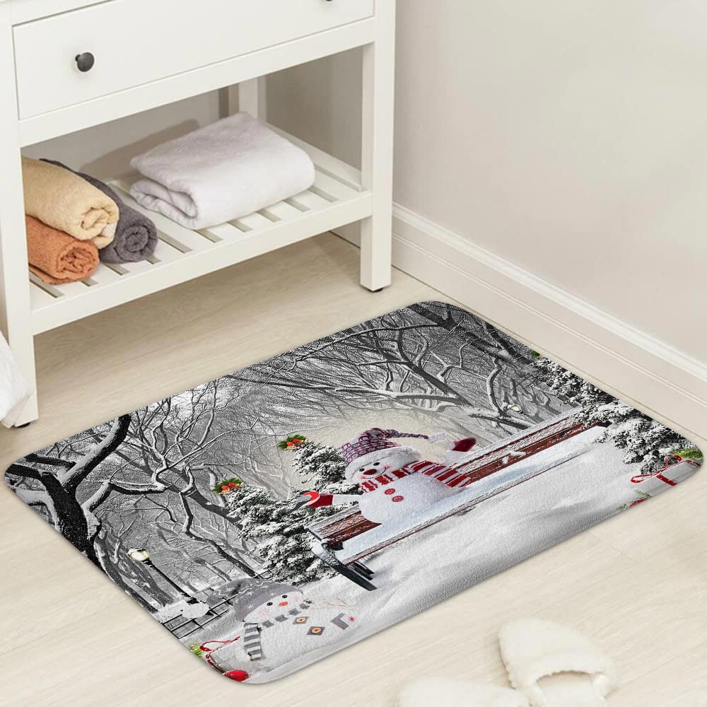 Farmhouse Winter Christmas Bath Mat, Cute Snowman in Snowy Forest Snowflake Bath Rug for Bathroom, Snow Covered Tree Forest Xmas Holiday Bath Mat Soft Non Slip Bath Rugs, 16X24IN