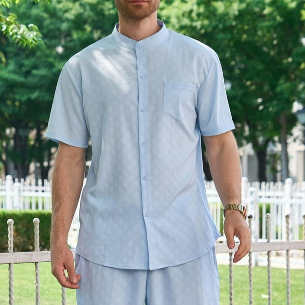 pstuiky camisetas de hombre, Camisa informal de manga corta con cuello alto, cómoda y lisa para hombre camisas casuales para hombre xxxl