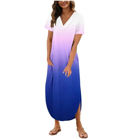 Homenesgenics Dresses for Women Womens Dresses Summer Women's Summer Sexy Fashion Printing Pocket Short Sleeve-Neck Dress Blue XXL